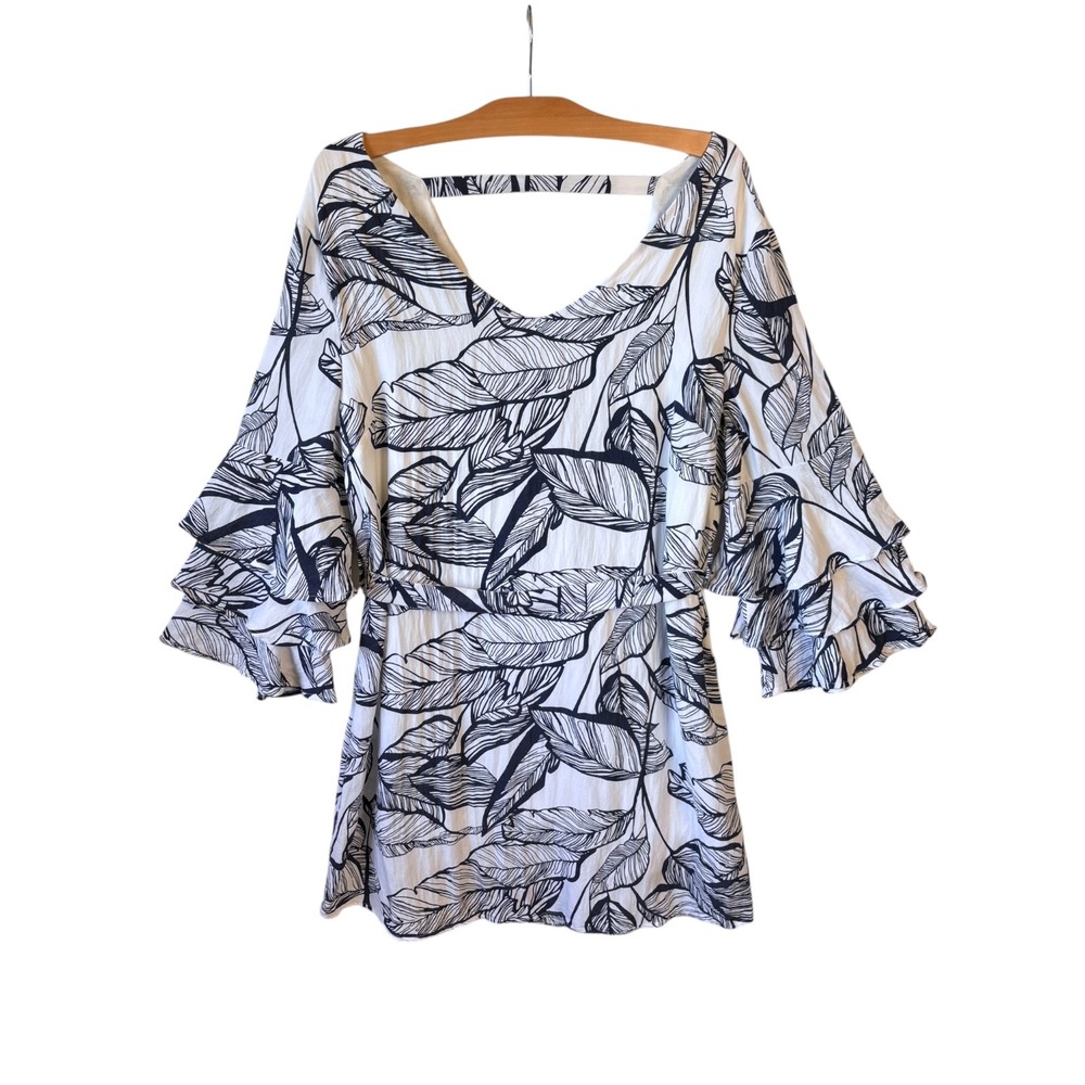Linen Lux Shift Dress Womens XL Tropical Leaf Tiered Ruffle Bell Sleeve Resort